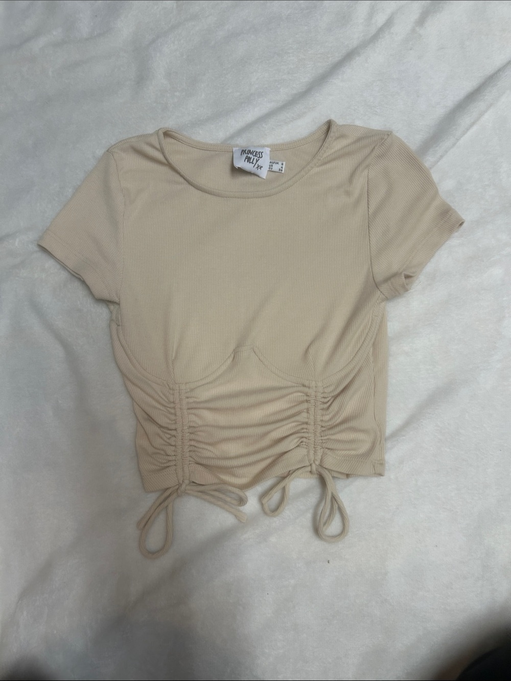 Princess Polly Shirt Neutral Beige Ruched Crop Top - Size 4